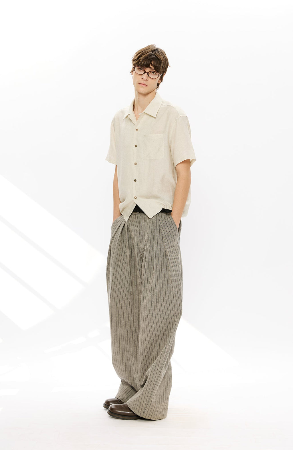 KREATE Pinstripe Pleated Draped Wide Trousers