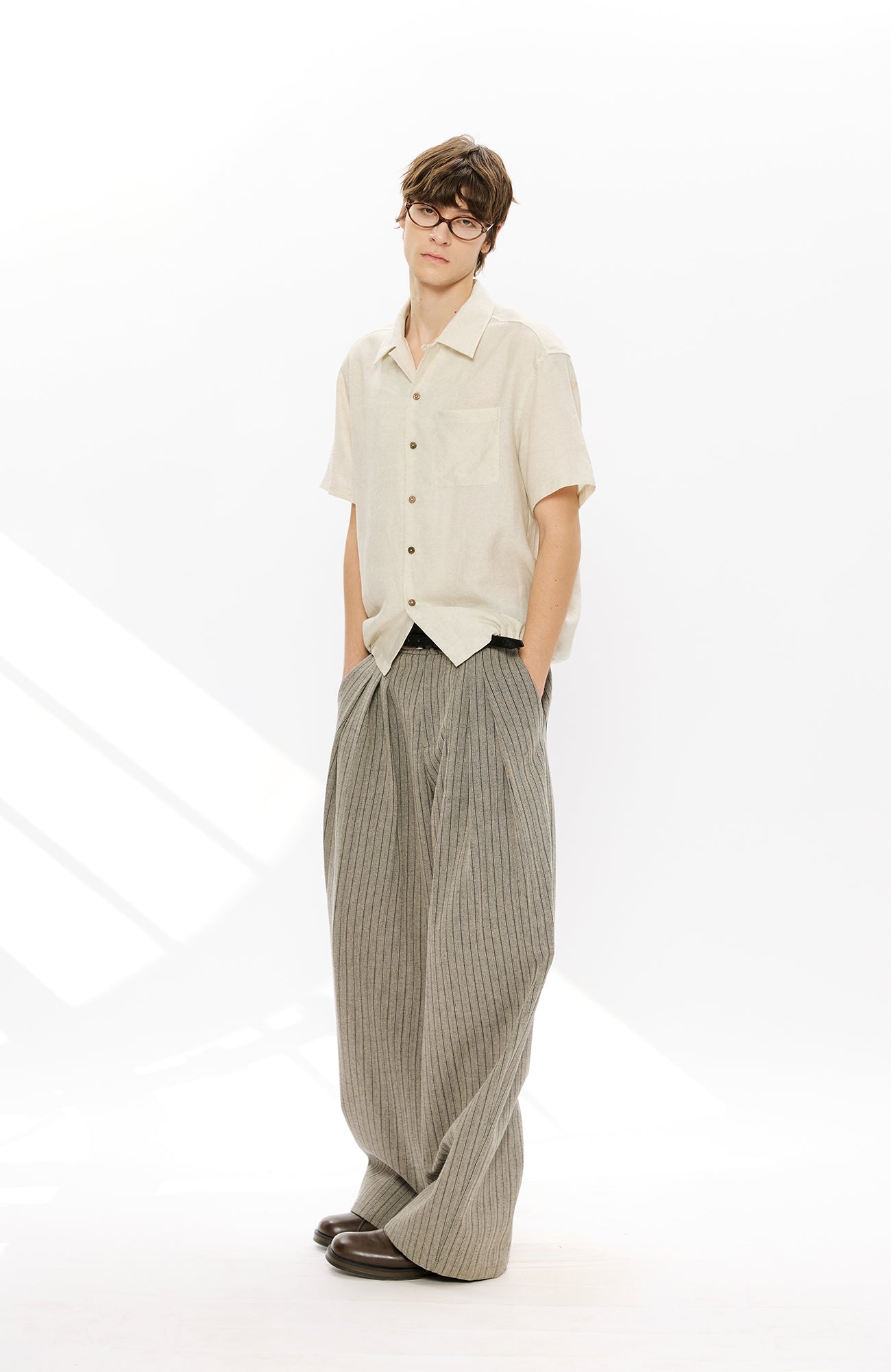KREATE Pinstripe Pleated Draped Wide Trousers