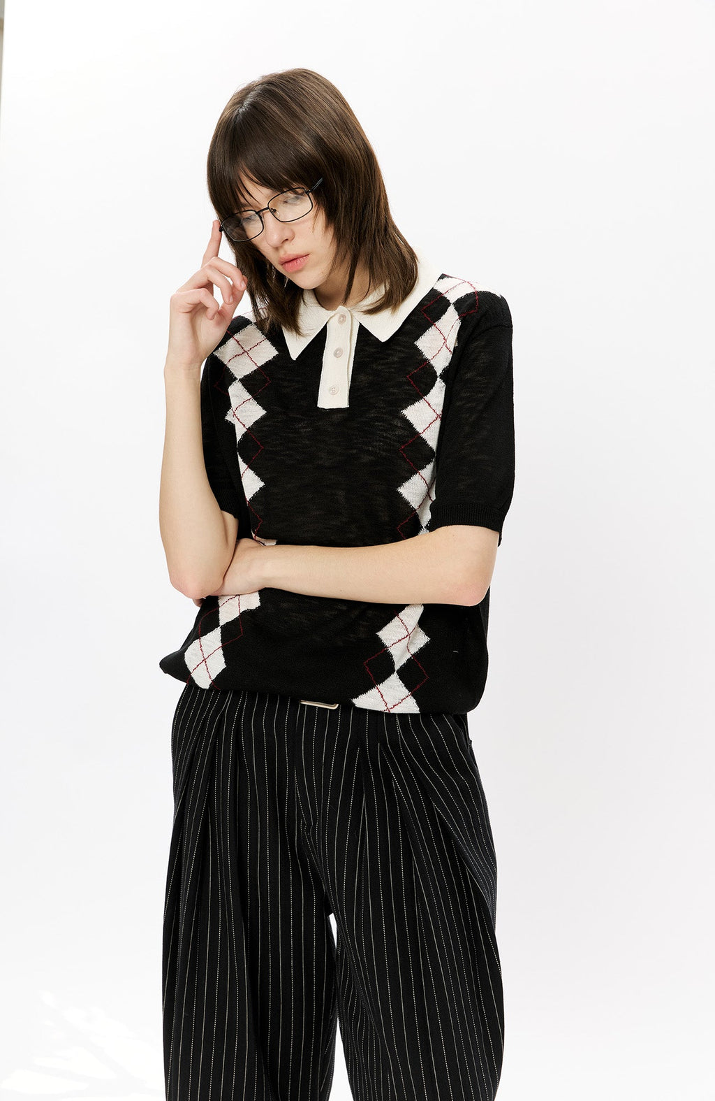 KREATE Retro Diamond-Knit Short Sleeve Polo