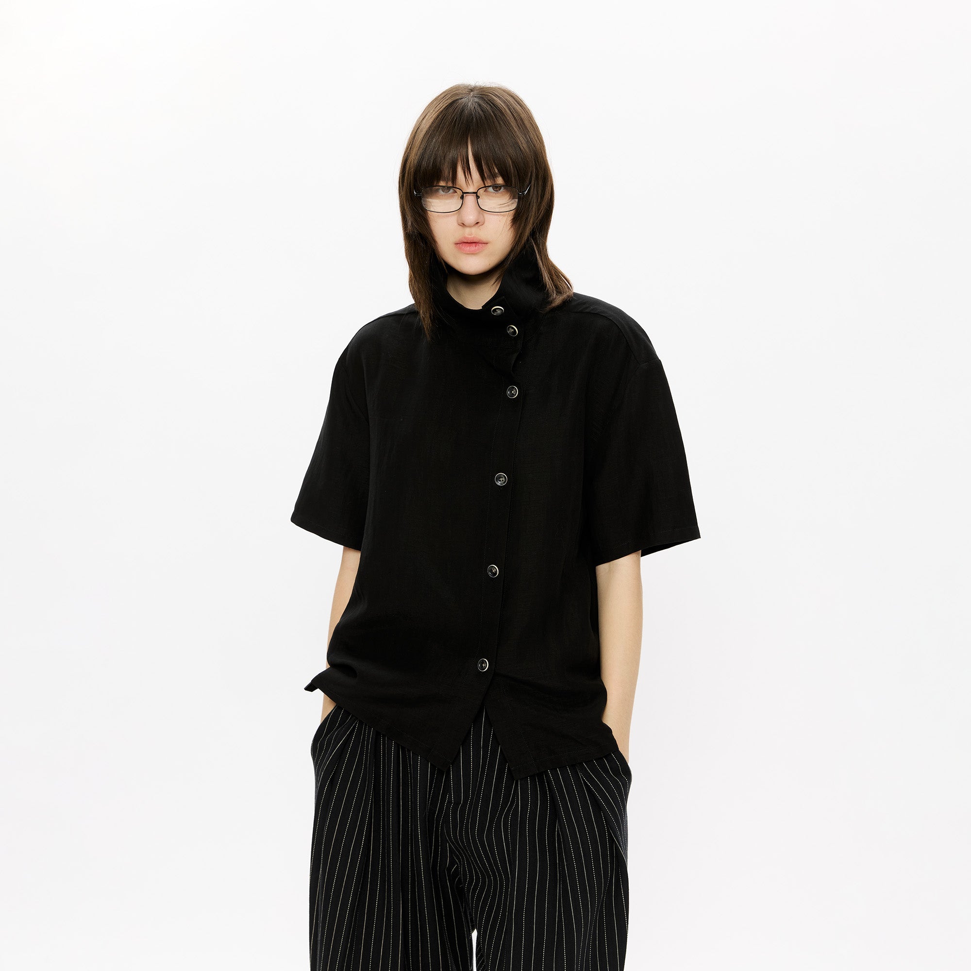 KREATE Asymmetrical Placket Short Sleeve Shirt
