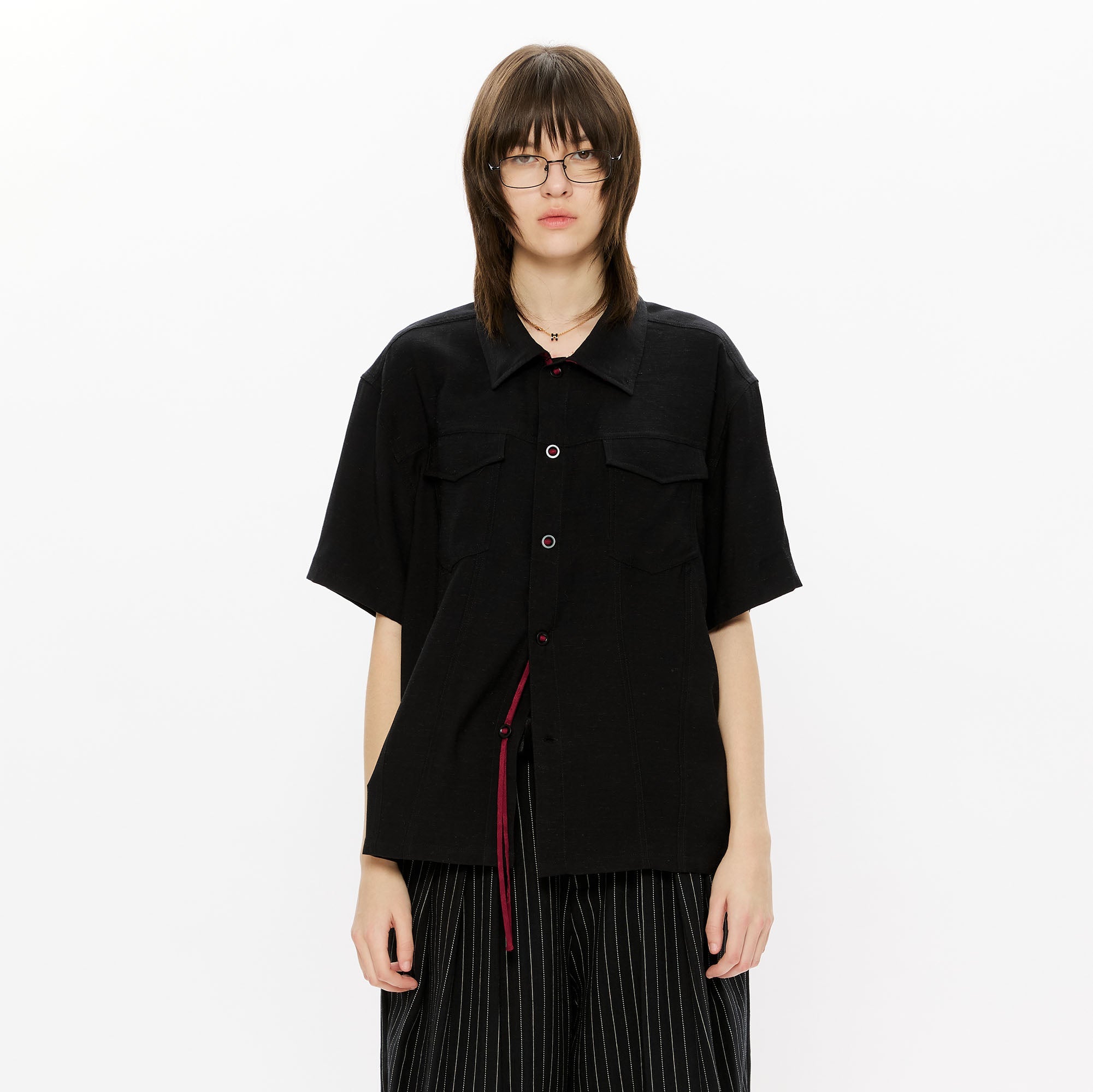 KREATE Contrast Collar Linen Half Shirt