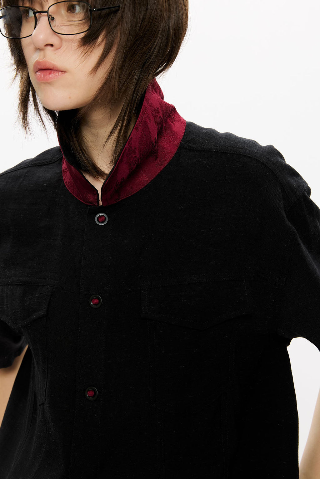 KREATE Contrast Collar Linen Half Shirt