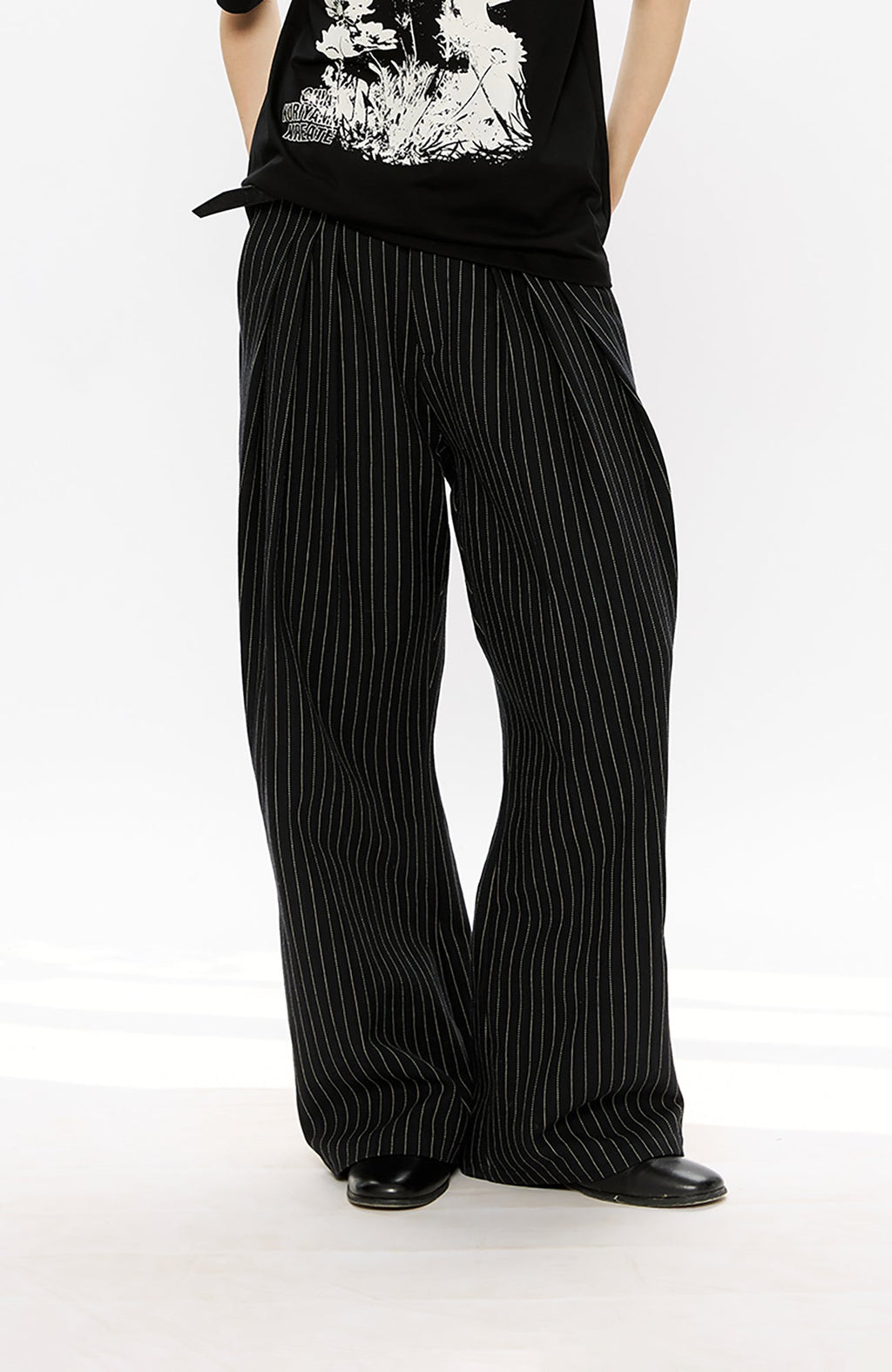 KREATE Pinstripe Pleated Draped Wide Trousers