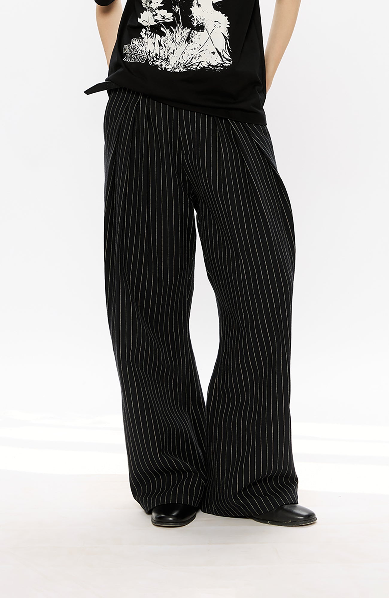 KREATE Pinstripe Pleated Draped Wide Trousers