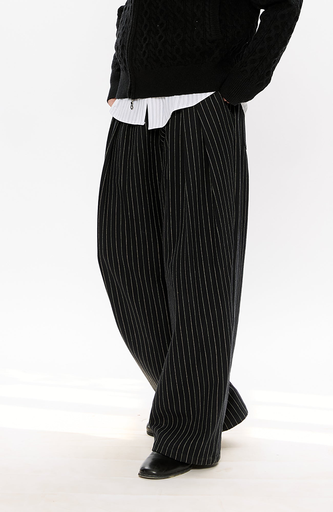 KREATE Pinstripe Pleated Draped Wide Trousers