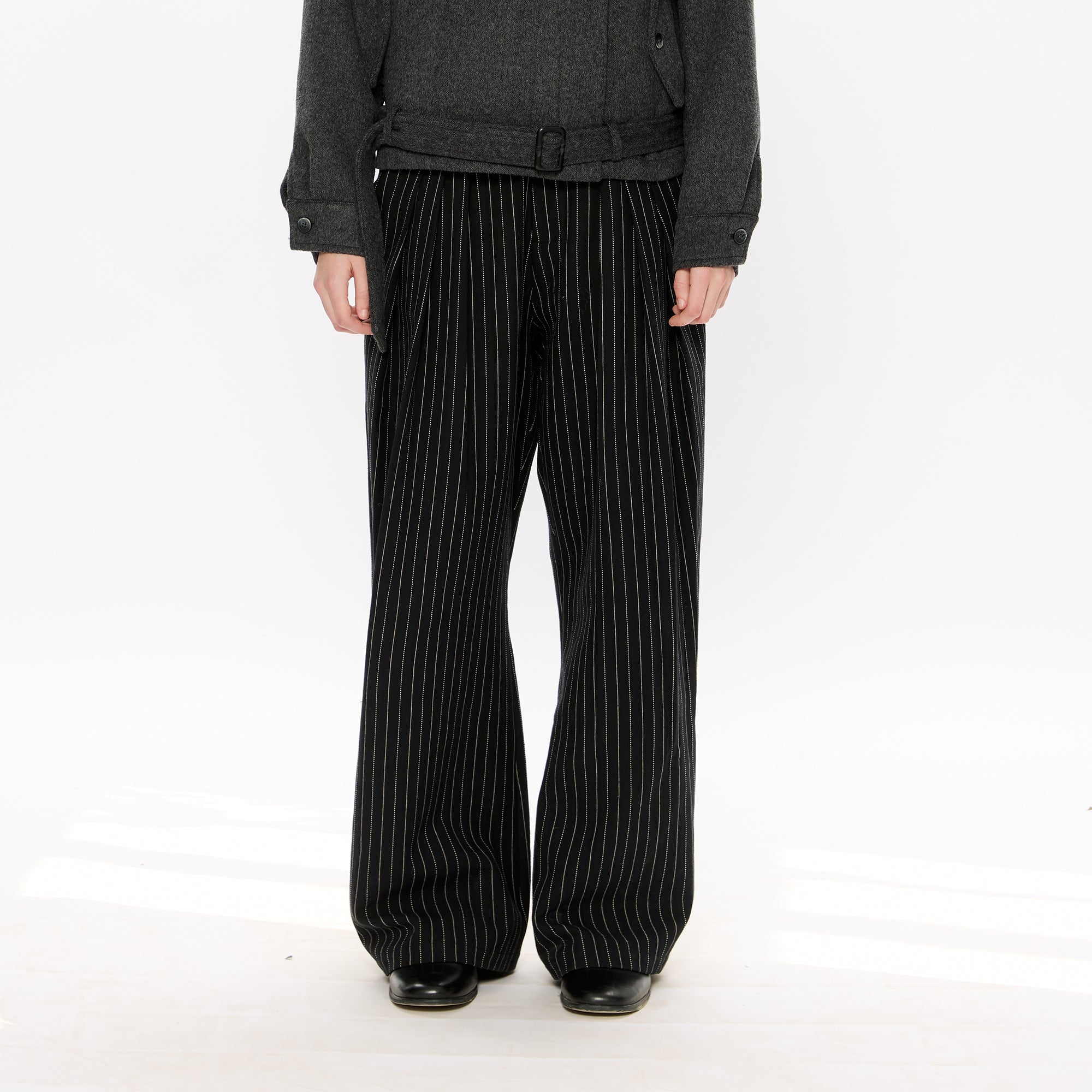 KREATE Pinstripe Pleated Draped Wide Trousers