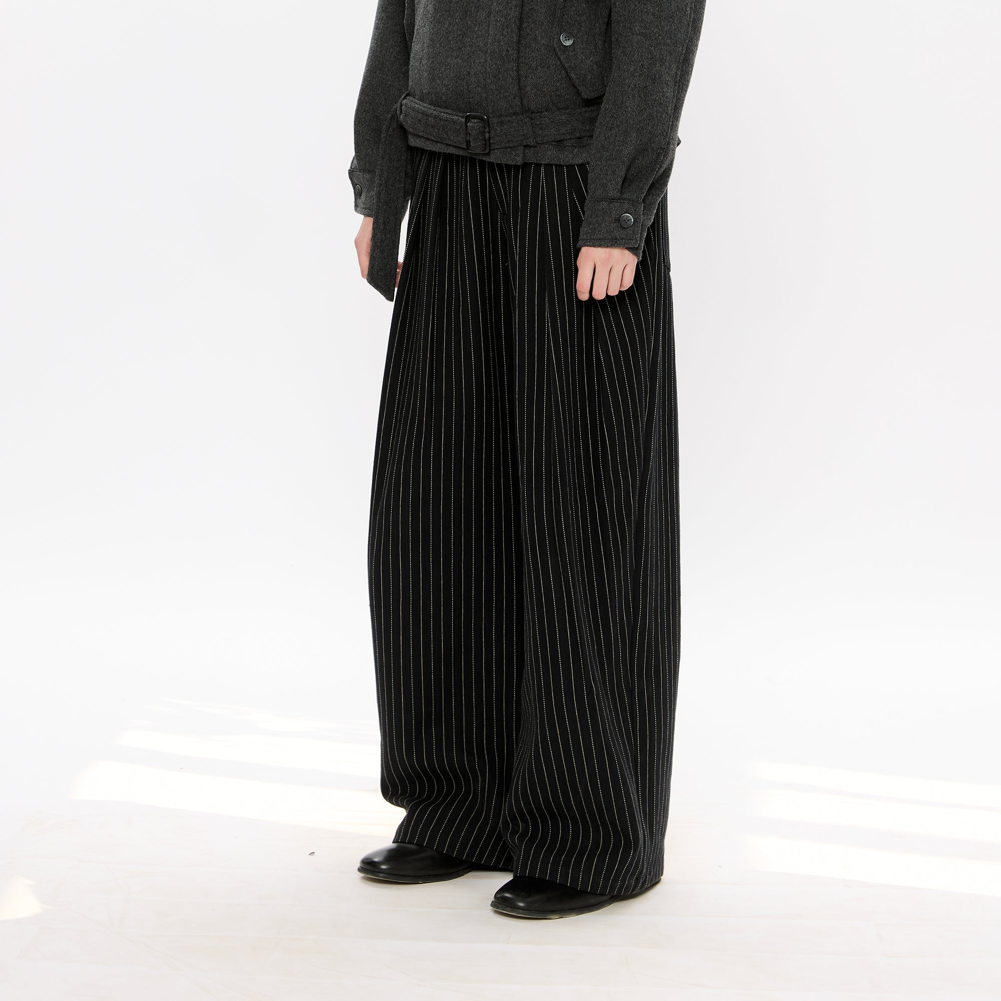 KREATE Pinstripe Pleated Draped Wide Trousers