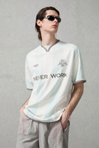 ORGANIC EMOTION Never Work Slogan Stripes Spliced Jersey