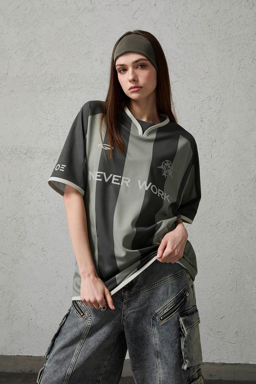 ORGANIC EMOTION Never Work Slogan Stripes Spliced Jersey