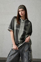 ORGANIC EMOTION Never Work Slogan Stripes Spliced Jersey