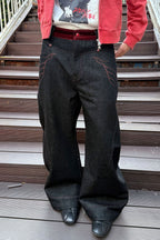 ESAIAS Vermilion Stitch Red Turquoise Curved Denim Pants