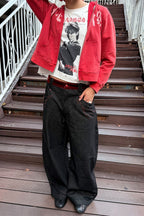 ESAIAS Vermilion Stitch Red Turquoise Curved Denim Pants