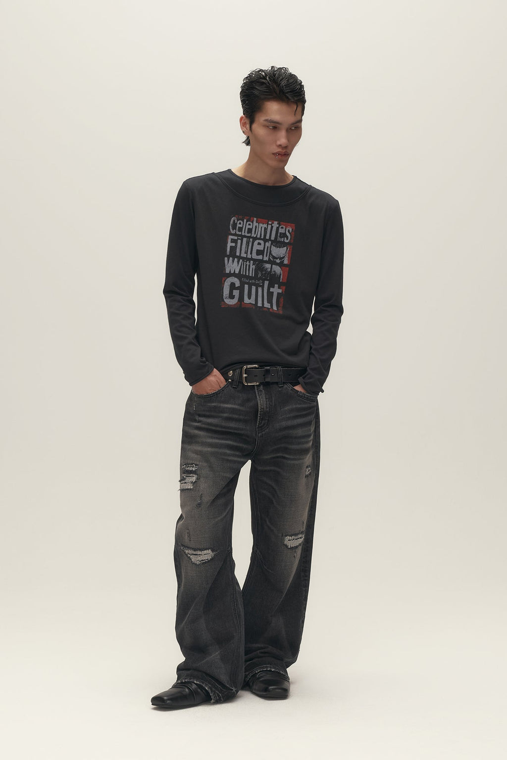 SAVAGEGROWTHWORLD Graphic Double-Layer Neckline Long-Sleeve Tee