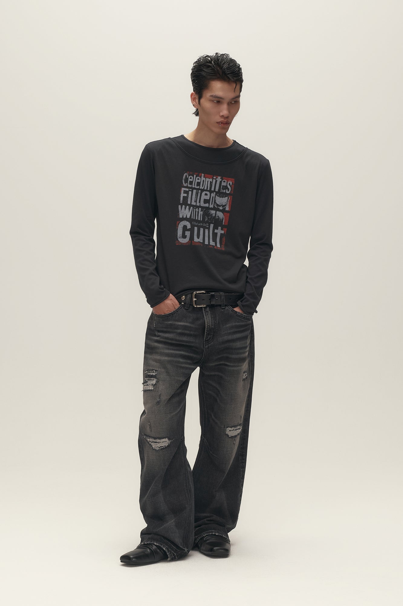 SAVAGEGROWTHWORLD Graphic Double-Layer Neckline Long-Sleeve Tee
