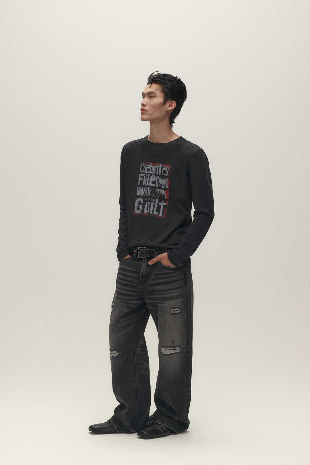 SAVAGEGROWTHWORLD Graphic Double-Layer Neckline Long-Sleeve Tee