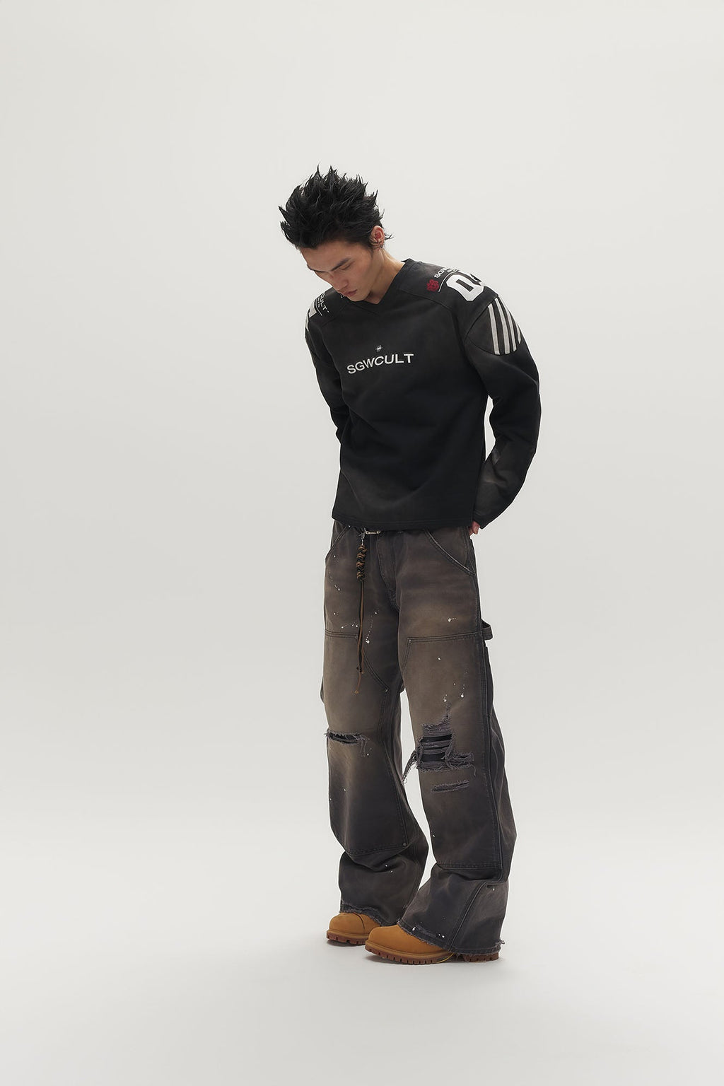 SAVAGEGROWTHWORLD Distressed Double-Knee Splatter Jeans