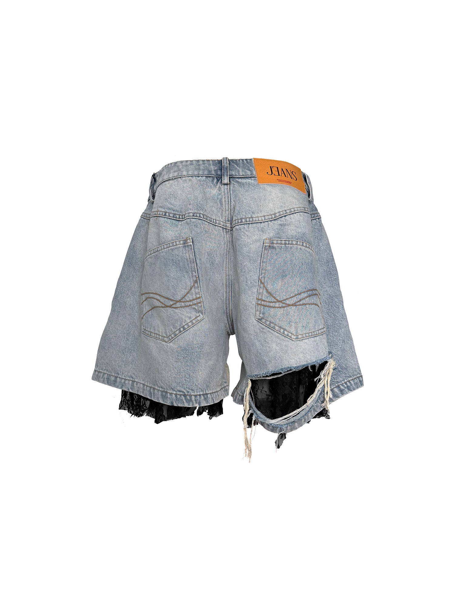 PCCVISION Lace-Spliced Denim Shorts
