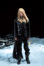 PCCVISION Pleated Knee Flare Faux Leather Pants