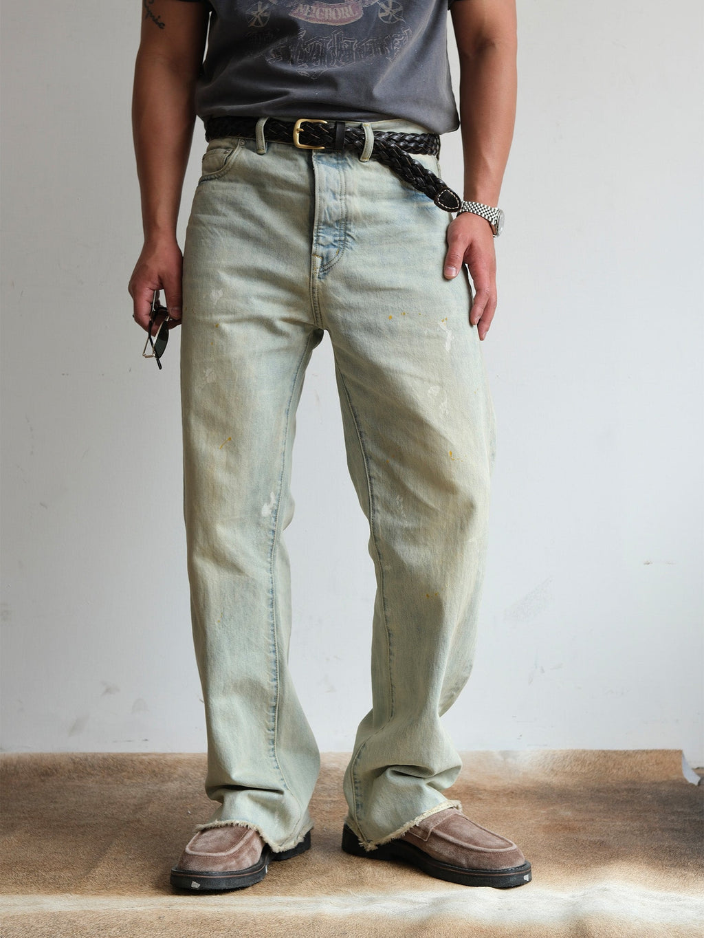 NEIGBORL Washed Paint-Splatter Straight-Leg Jeans