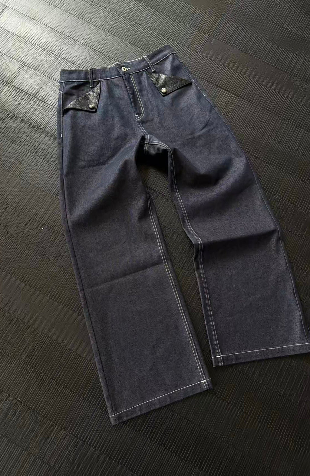 KREATE Raw PU-Paneled Flare Denim