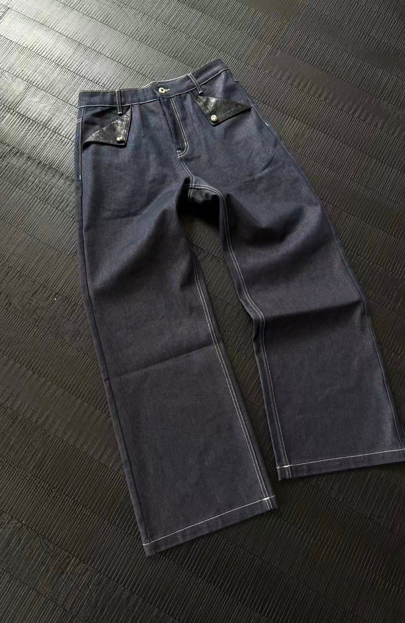 KREATE Raw PU-Paneled Flare Denim