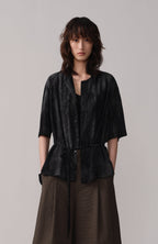 OPICLOTH Crinkled Draped Half Shirt