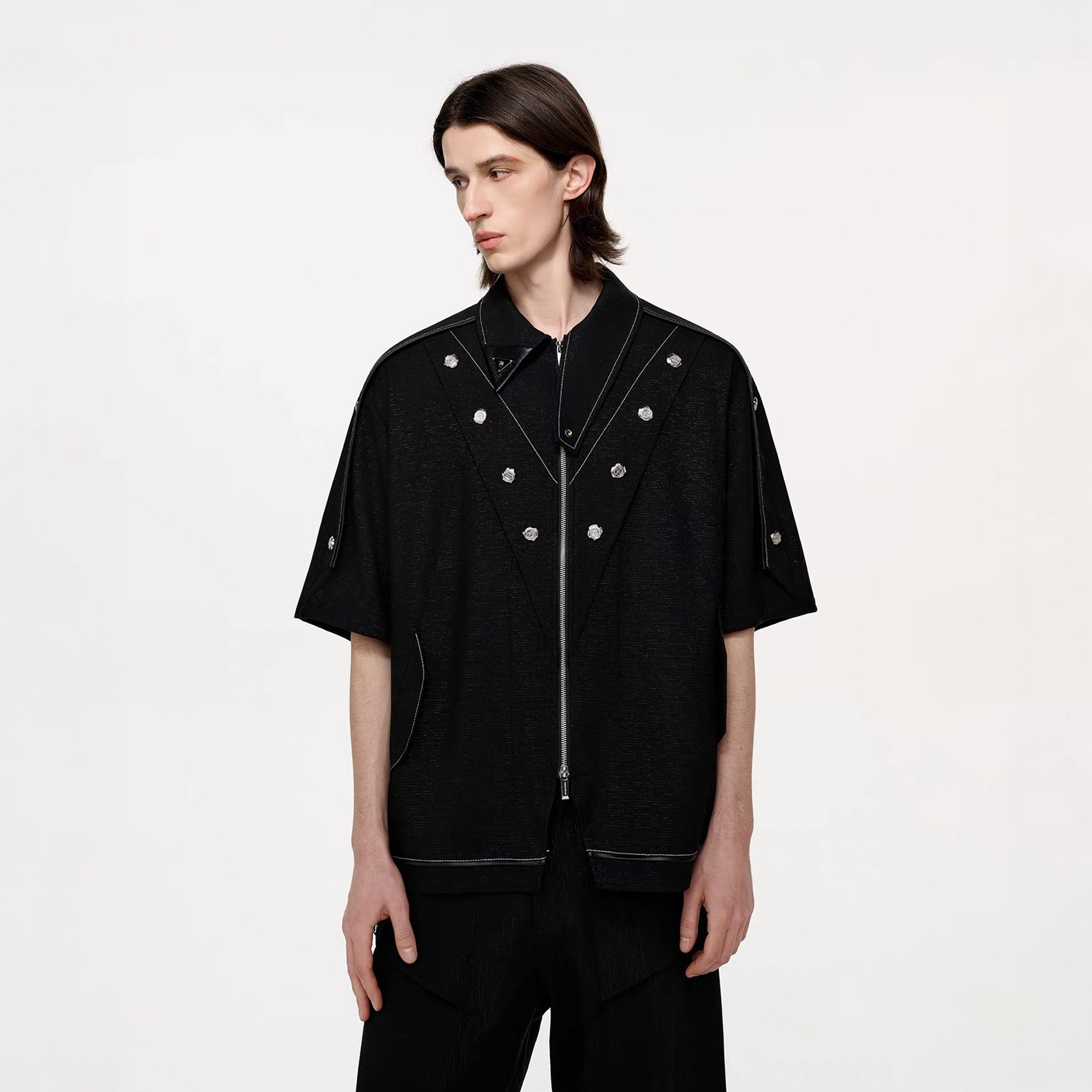 TIWILLTANG Studded Trim Zip-Up Half Shirt