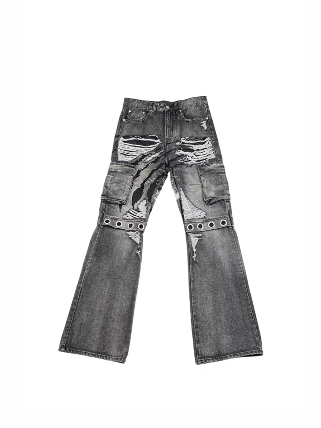 VINKID Distressed Grommet Strap Flared Jeans