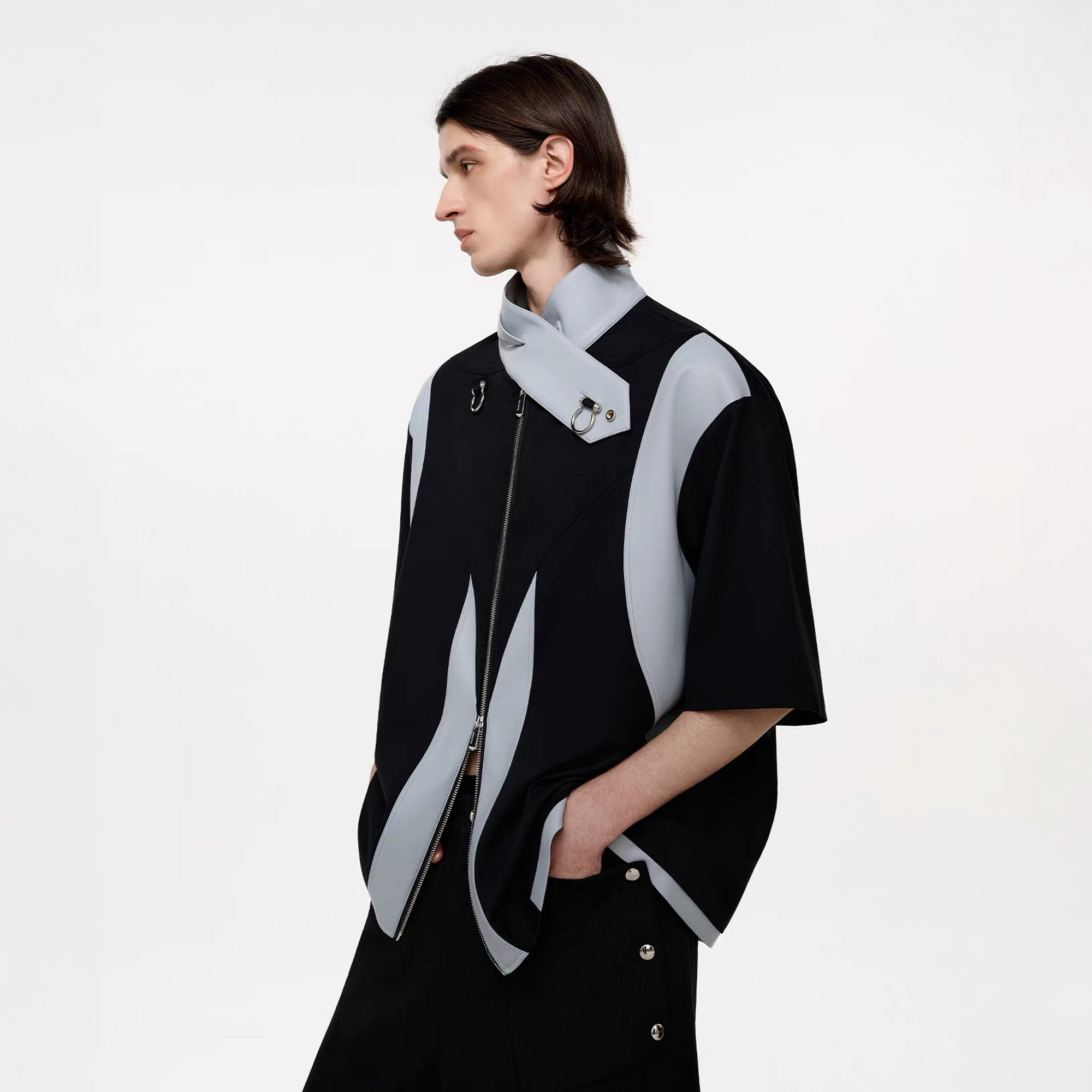 TIWILLTANG Layered-Collar Contrast-Panel Zip-Up Half Shirt