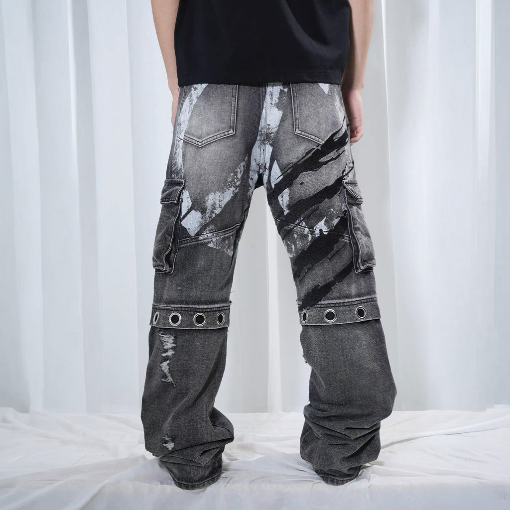 VINKID Distressed Grommet Strap Flared Jeans
