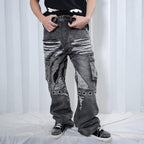VINKID Distressed Grommet Strap Flared Jeans