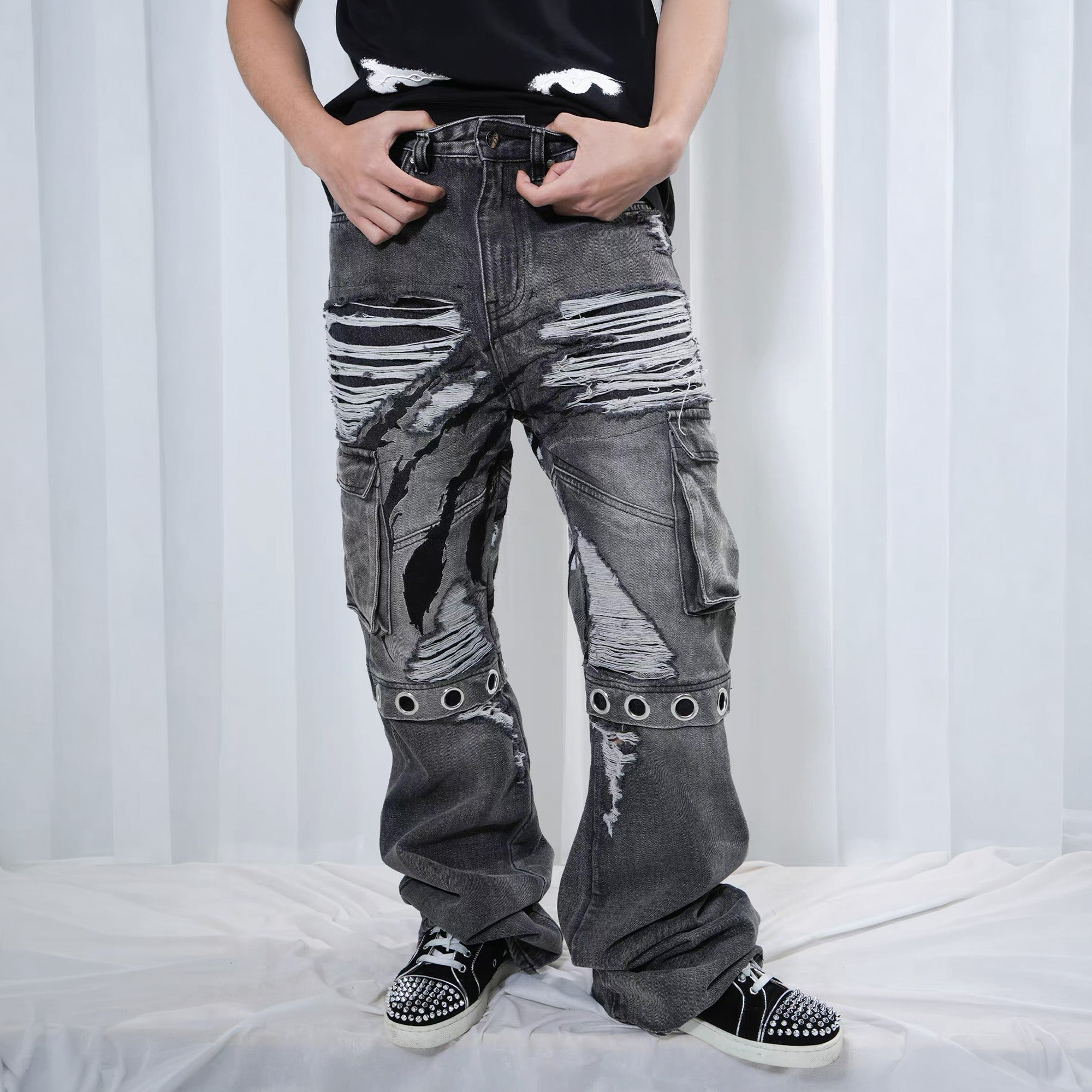 VINKID Distressed Grommet Strap Flared Jeans