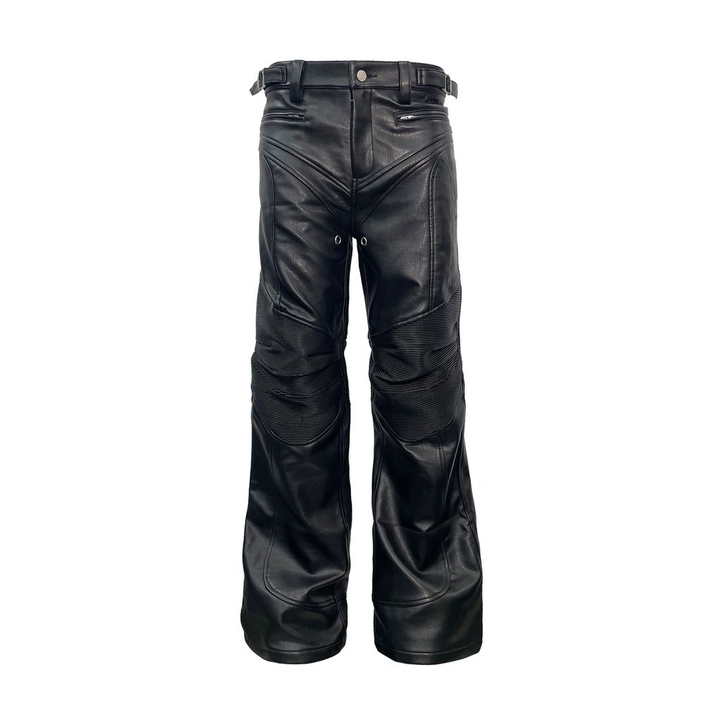 PCCVISION Pleated Knee Flare Faux Leather Pants