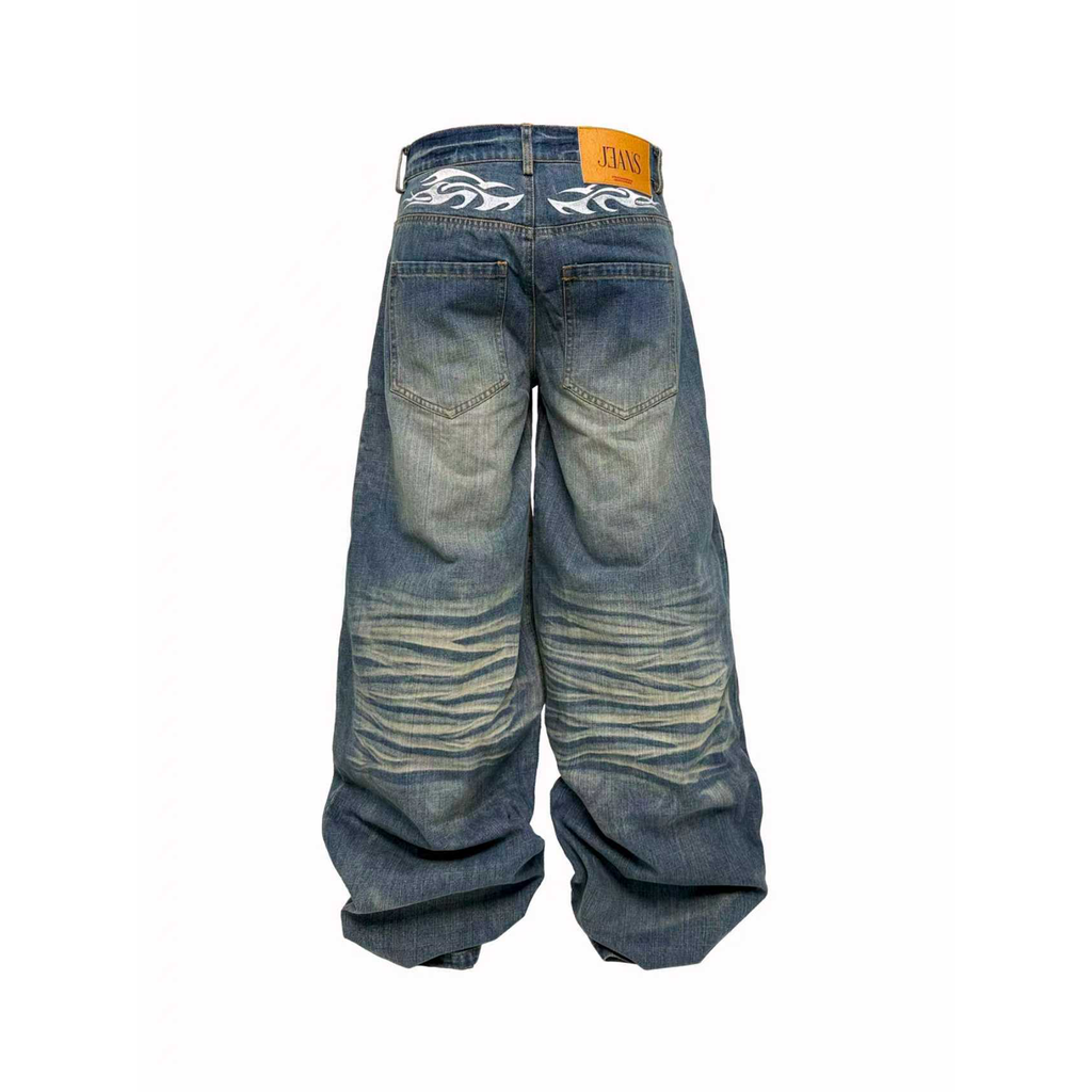 PCCVISION Washed Spliced Wrinkled Baggy Jeans