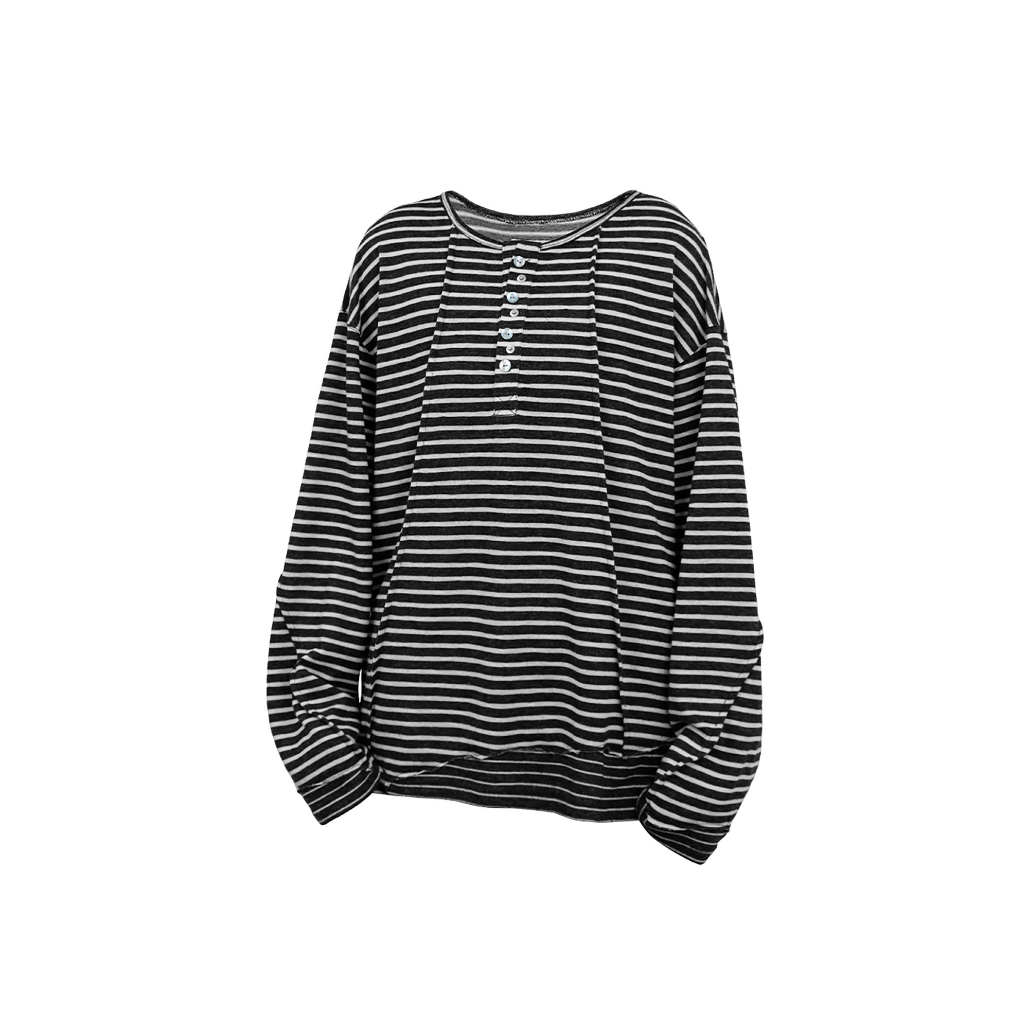 RELABEL Striped Pleated Henley Long-Sleeve Tee