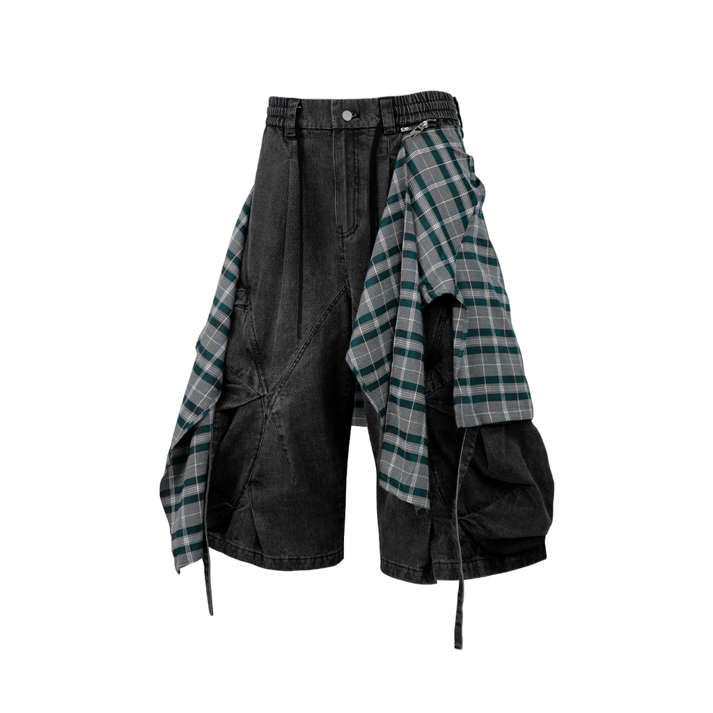 RELABEL Detachable Plaid Drape Oversized Denim Shorts