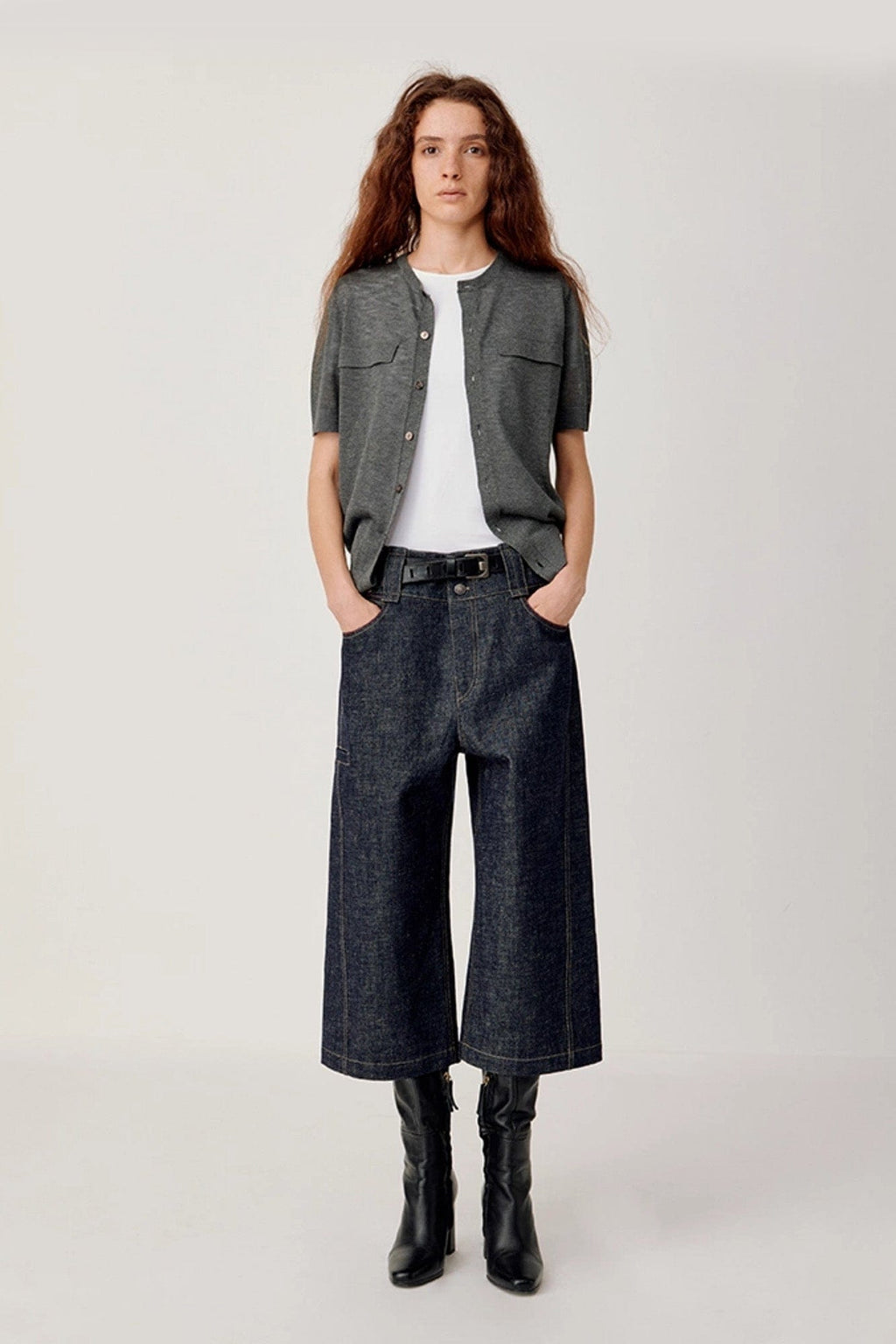 OPICLOTH Essential Stitched Cropped Raw Jeans