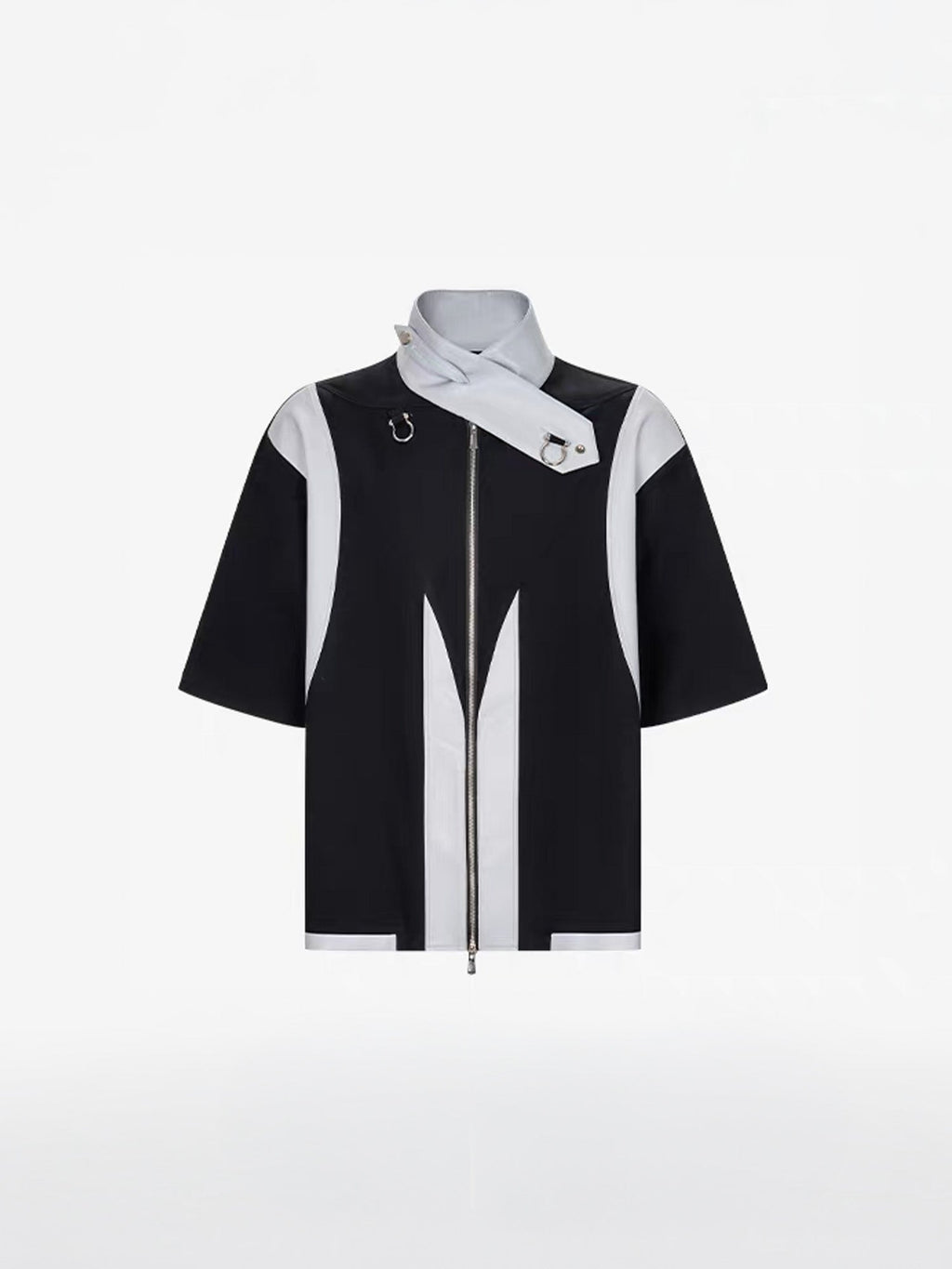 TIWILLTANG Layered-Collar Contrast-Panel Zip-Up Half Shirt