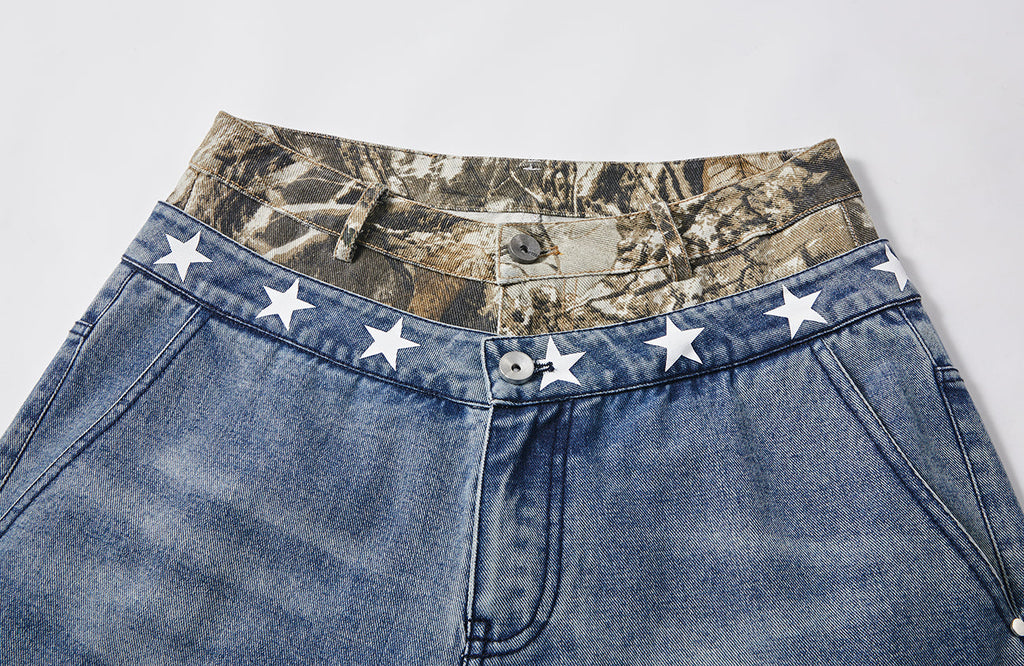 PASET Double Waist Camo Panel Distressed Jeans