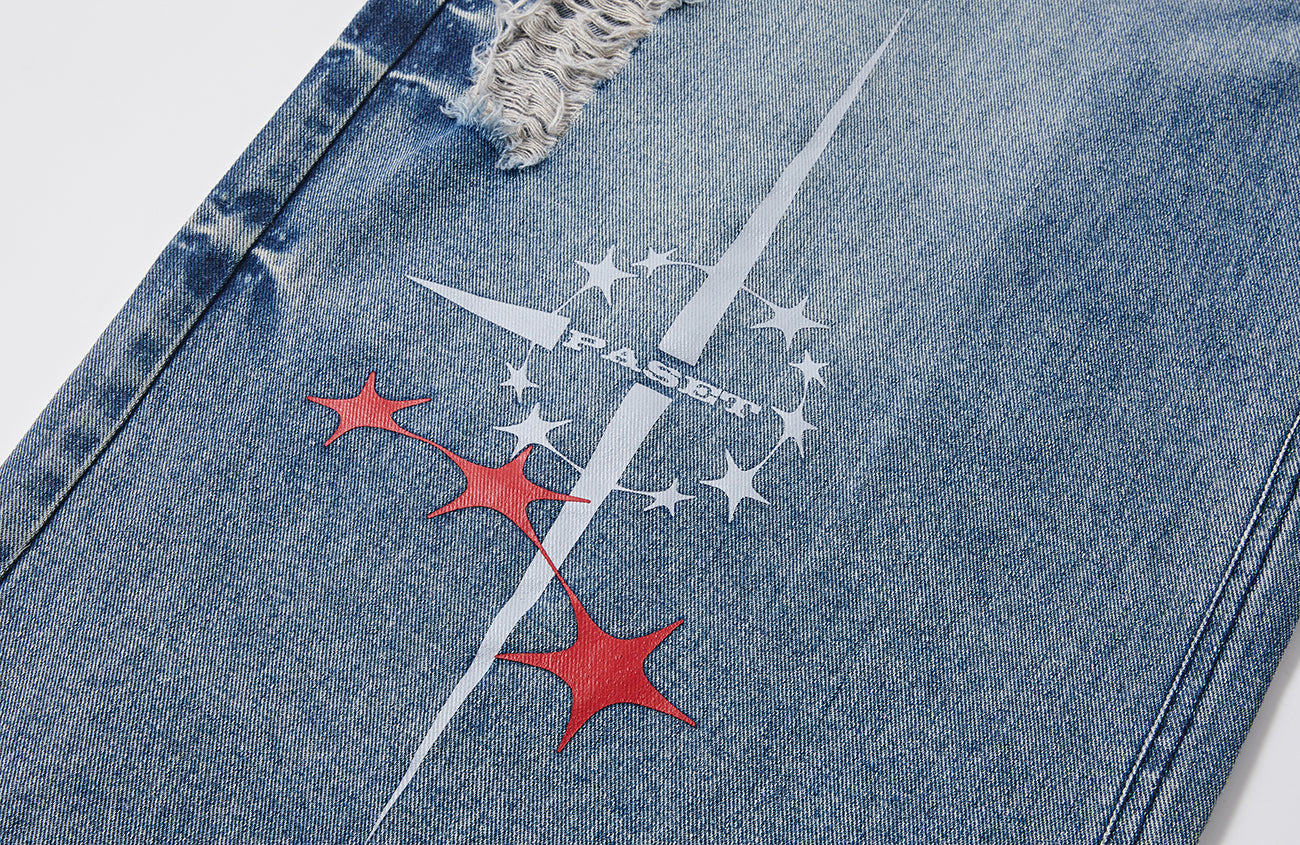 PASET Double Waist Camo Panel Distressed Jeans