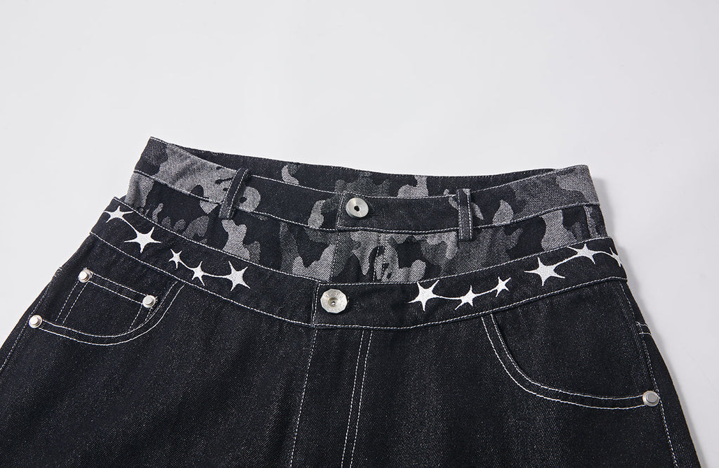 PASET Camo Double Waist Embroidered Jeans