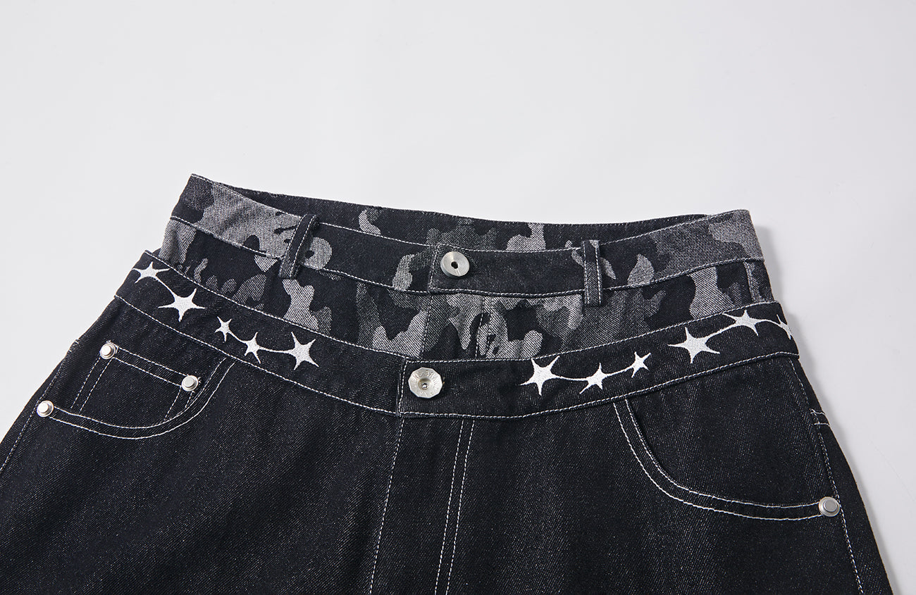 PASET Camo Double Waist Embroidered Jeans