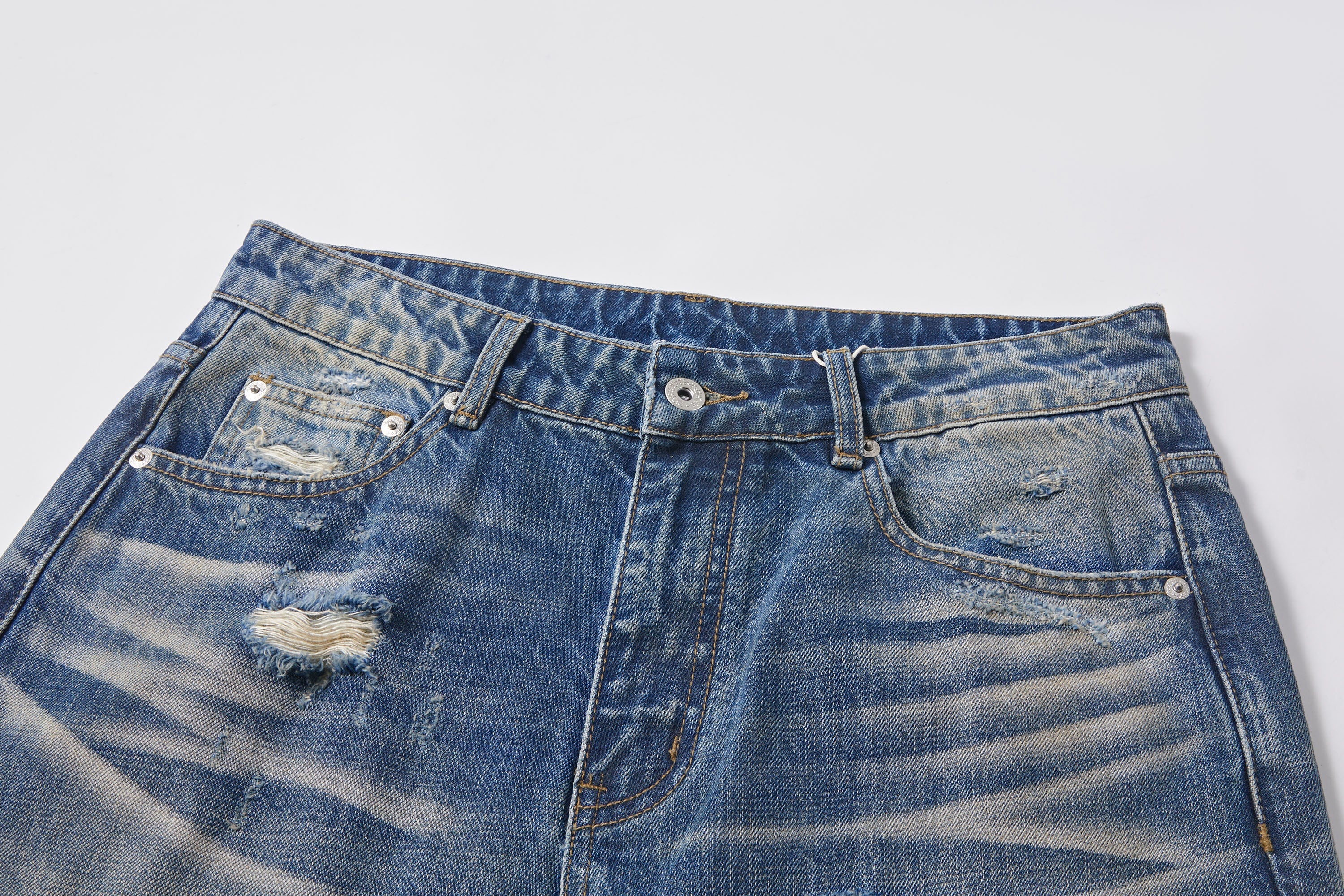 KREATE Double-Layer Distressed Straight-Leg Jeans