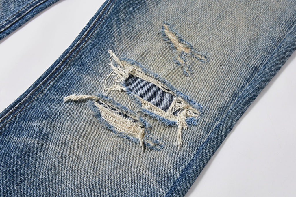 KREATE Double-Layer Distressed Straight-Leg Jeans