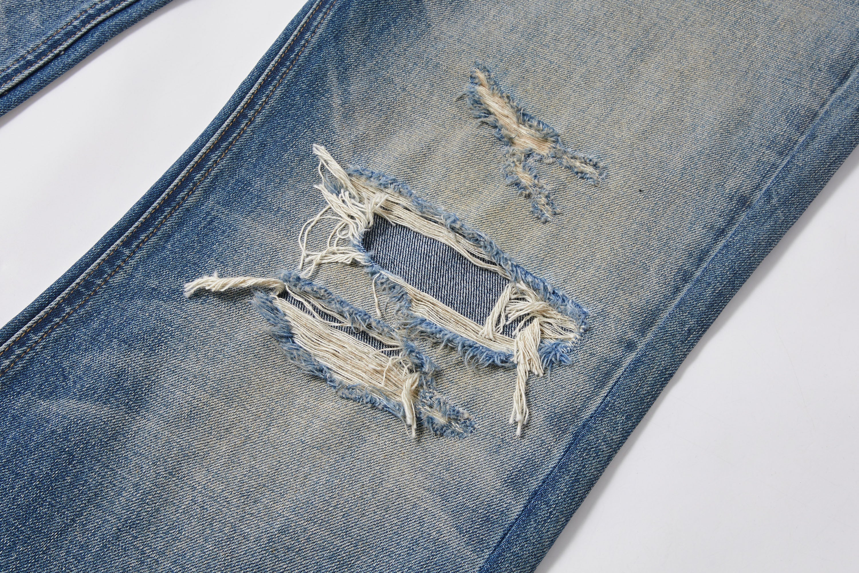 KREATE Double-Layer Distressed Straight-Leg Jeans