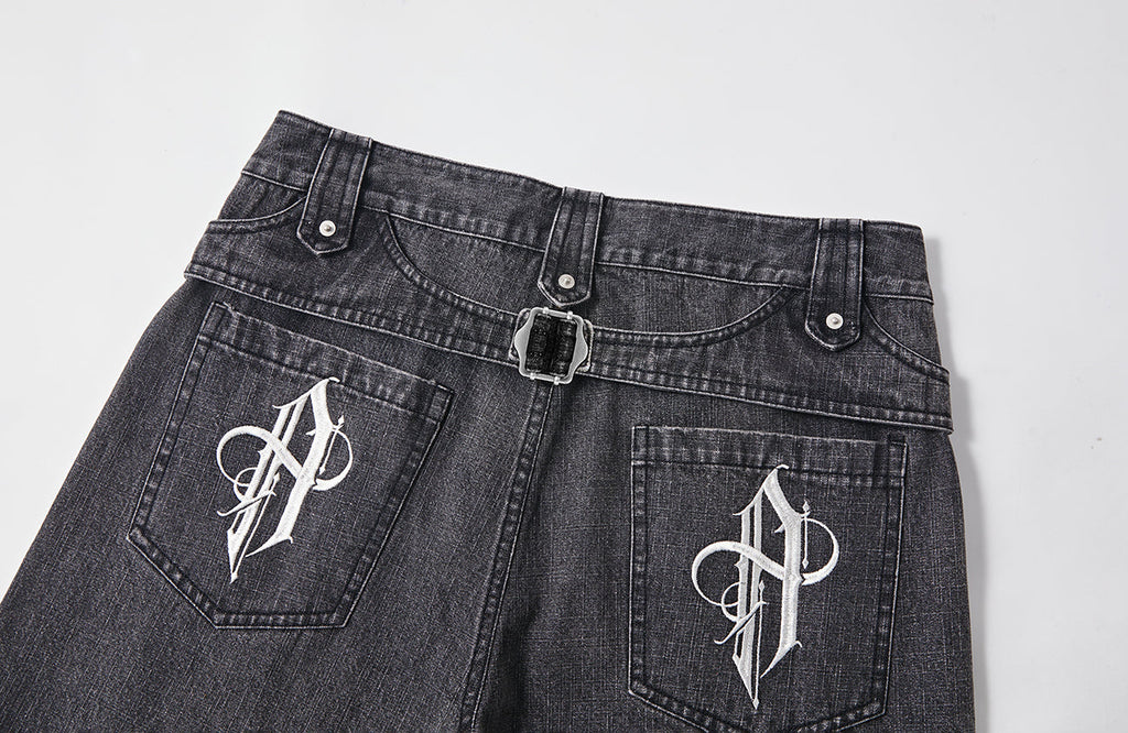 PASET Plaid Patch Distressed Back Buckle Jeans