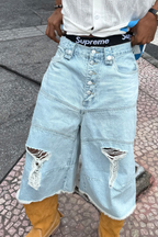 STEEPC Distressed Washed Raw-Edge Denim Shorts
