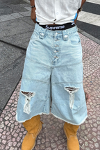 STEEPC Distressed Washed Raw-Edge Denim Shorts