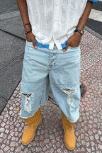 STEEPC Distressed Washed Raw-Edge Denim Shorts