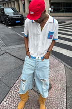 STEEPC Distressed Washed Raw-Edge Denim Shorts